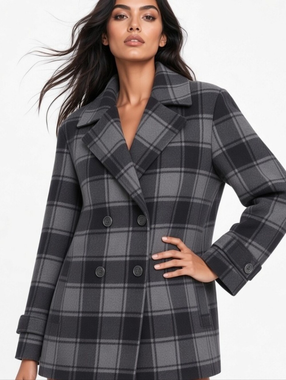Women's Old Navy Double-Breasted Gray Plaid Wool Blend Peacoat (Sz:large)
